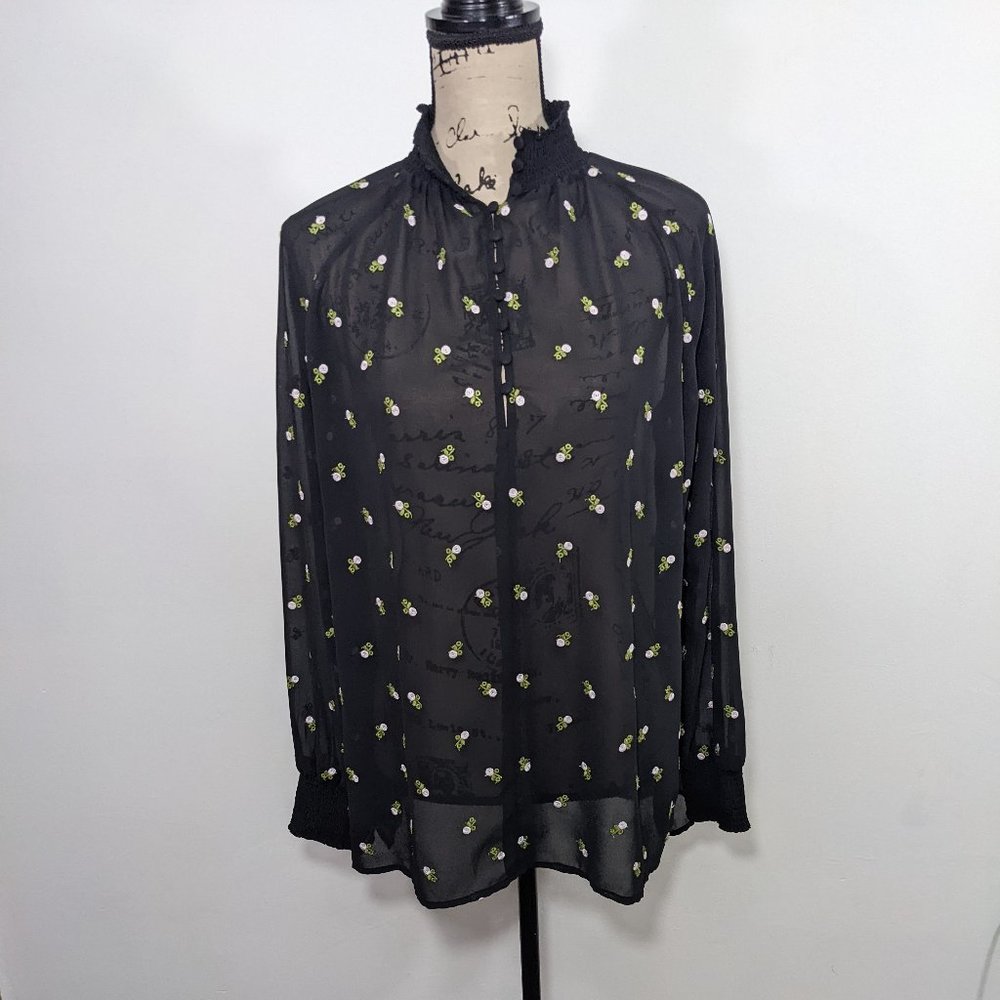 CAbi Top Size Small Womens Black Floral Embroidered Blouse Sheer Style 5338